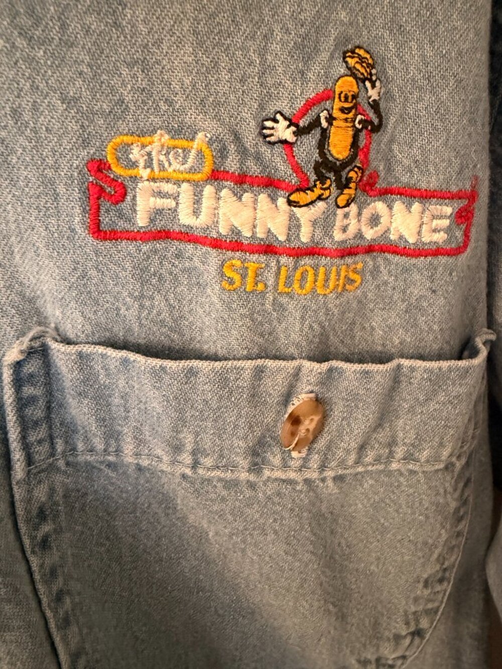 Vintage 1980s Funny Bone Comedy Club-St. Louis Logo Men's Washed Denim Shirt